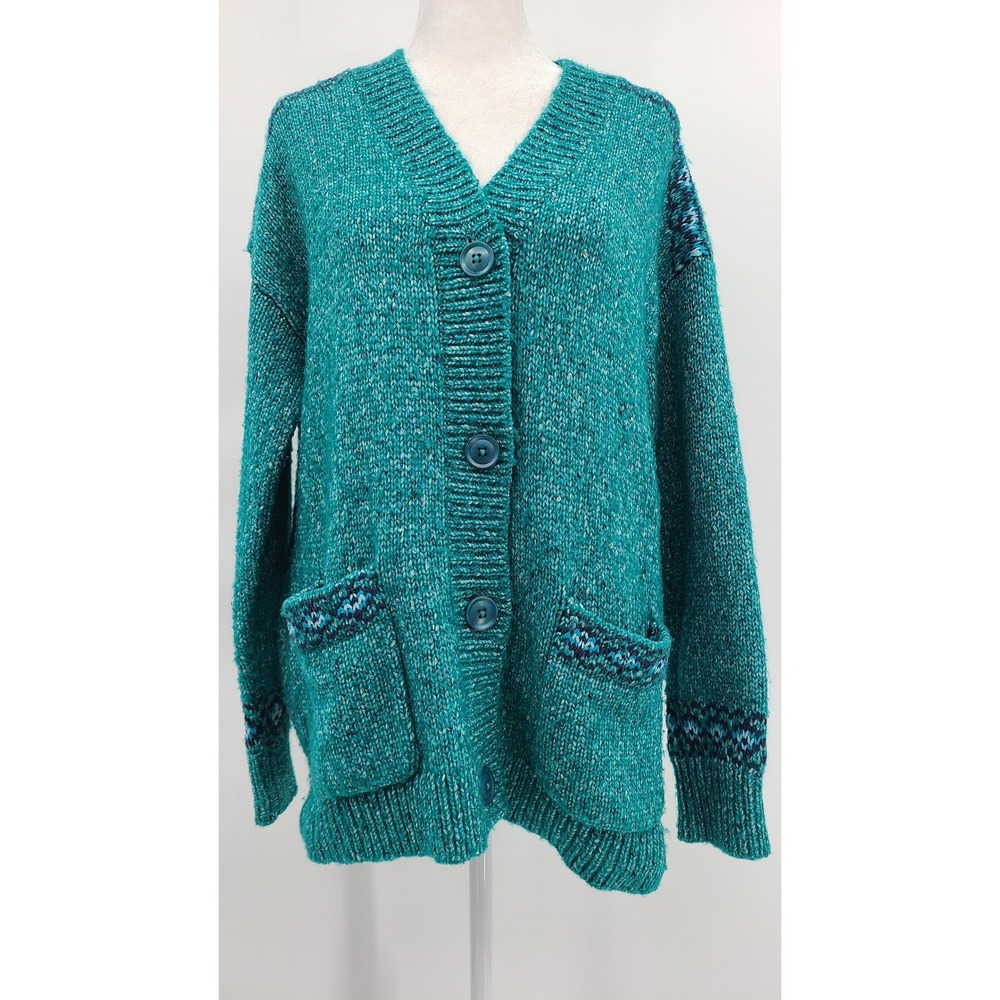 Coldwater Creek Teal Marled Chunky Knit Cardigan Fair Isle Cozy Relaxed Pockets